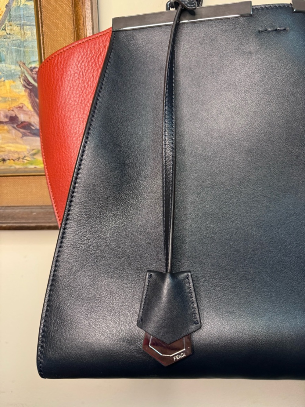 Fendi Trois 3jours Dark Blue and Red Leather Handle Handbag - Picture 13 of 15